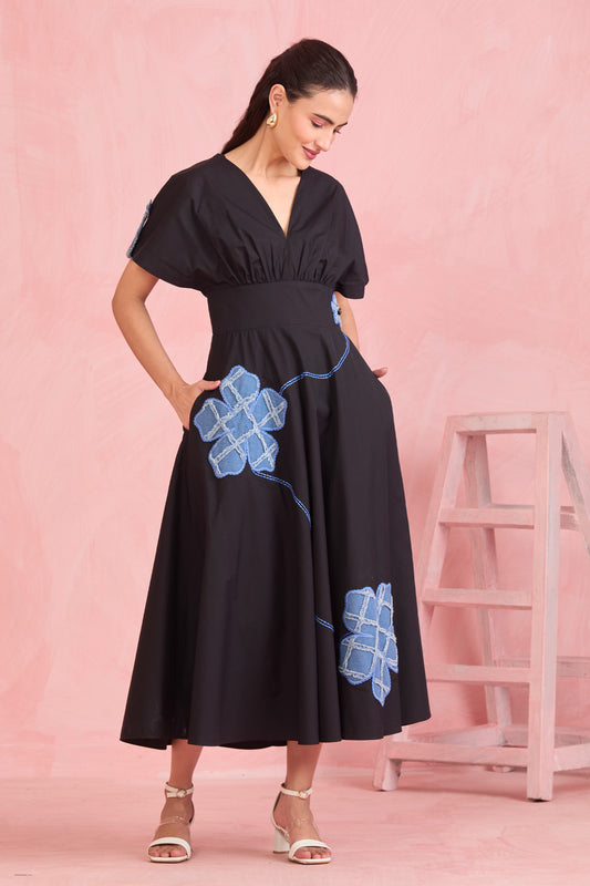 Midnight Bloom Embroidered Midi Dress