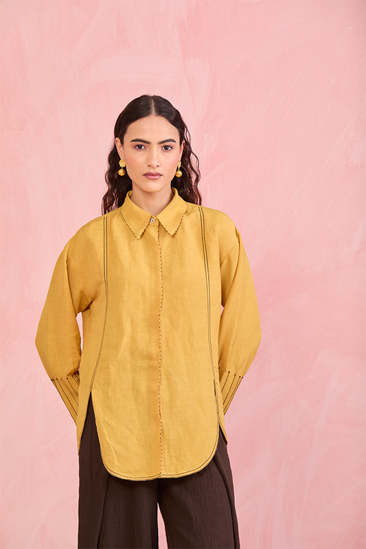 Mustard Linen Shirt with Contrast Stitch Detailing