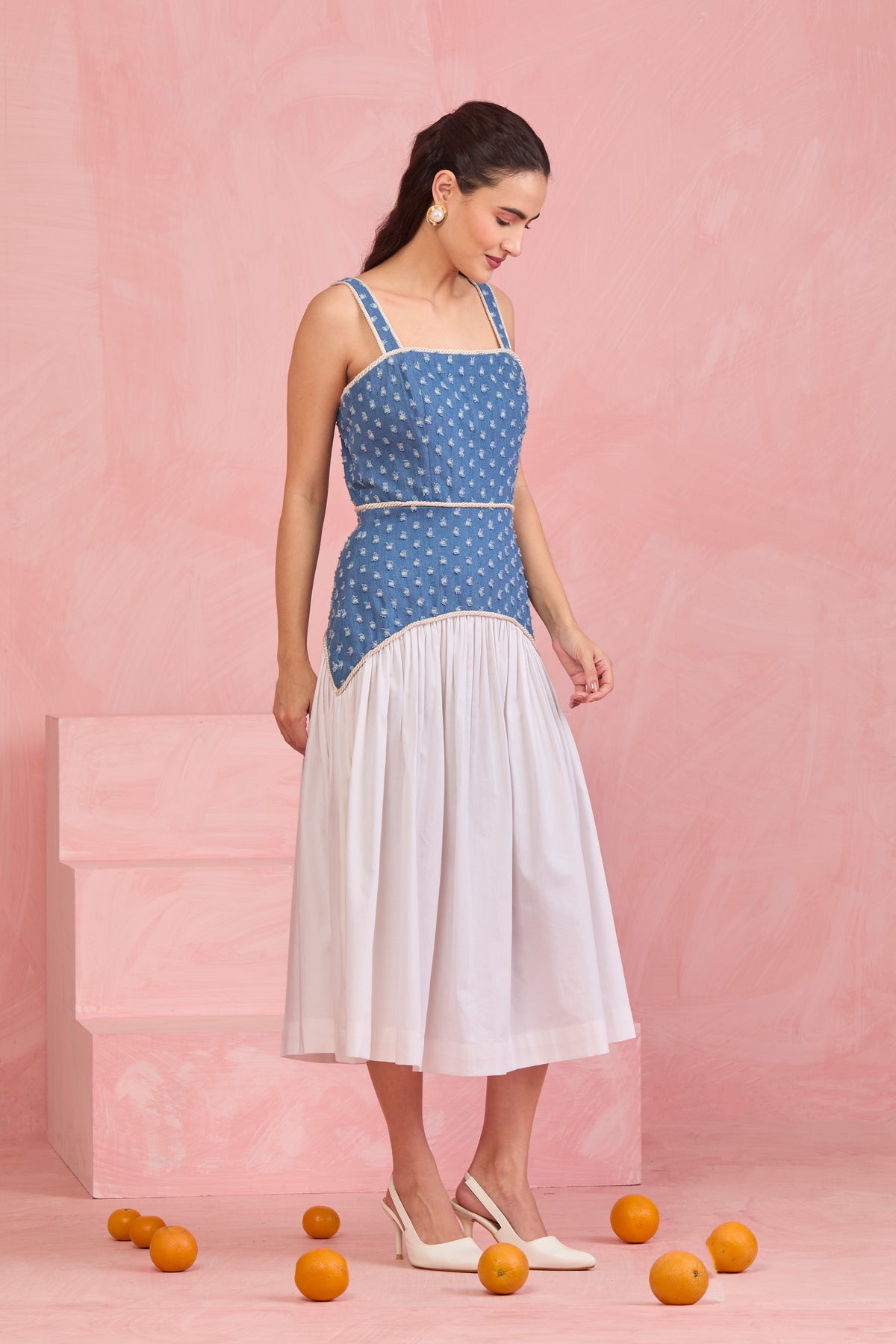 Denim Blue Embroidered Midi Dress