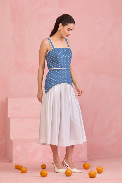 Denim Blue Embroidered Midi Dress