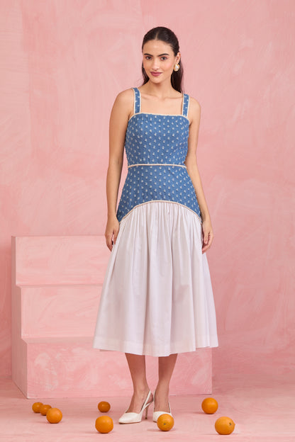 Denim Blue Embroidered Midi Dress