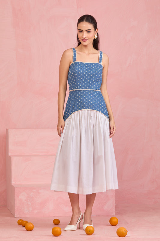 Denim Blue Embroidered Midi Dress