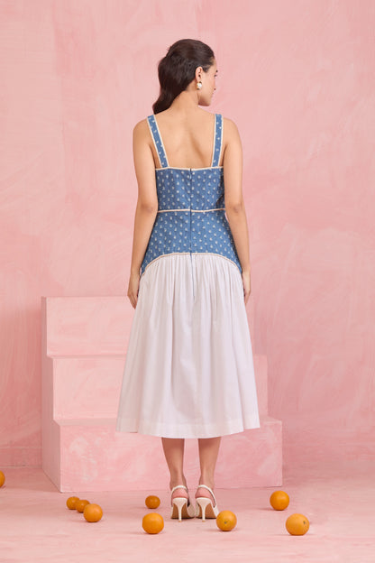 Denim Blue Embroidered Midi Dress