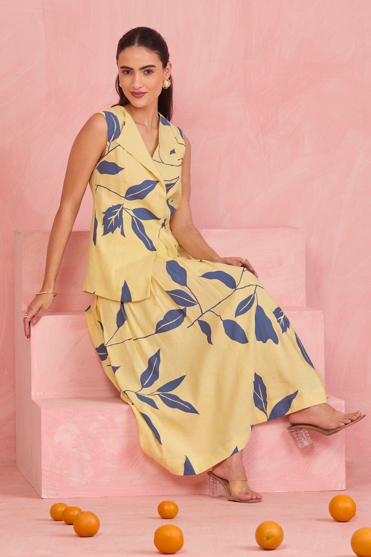 Butter Yellow Leaf Vest Co-Ord Set