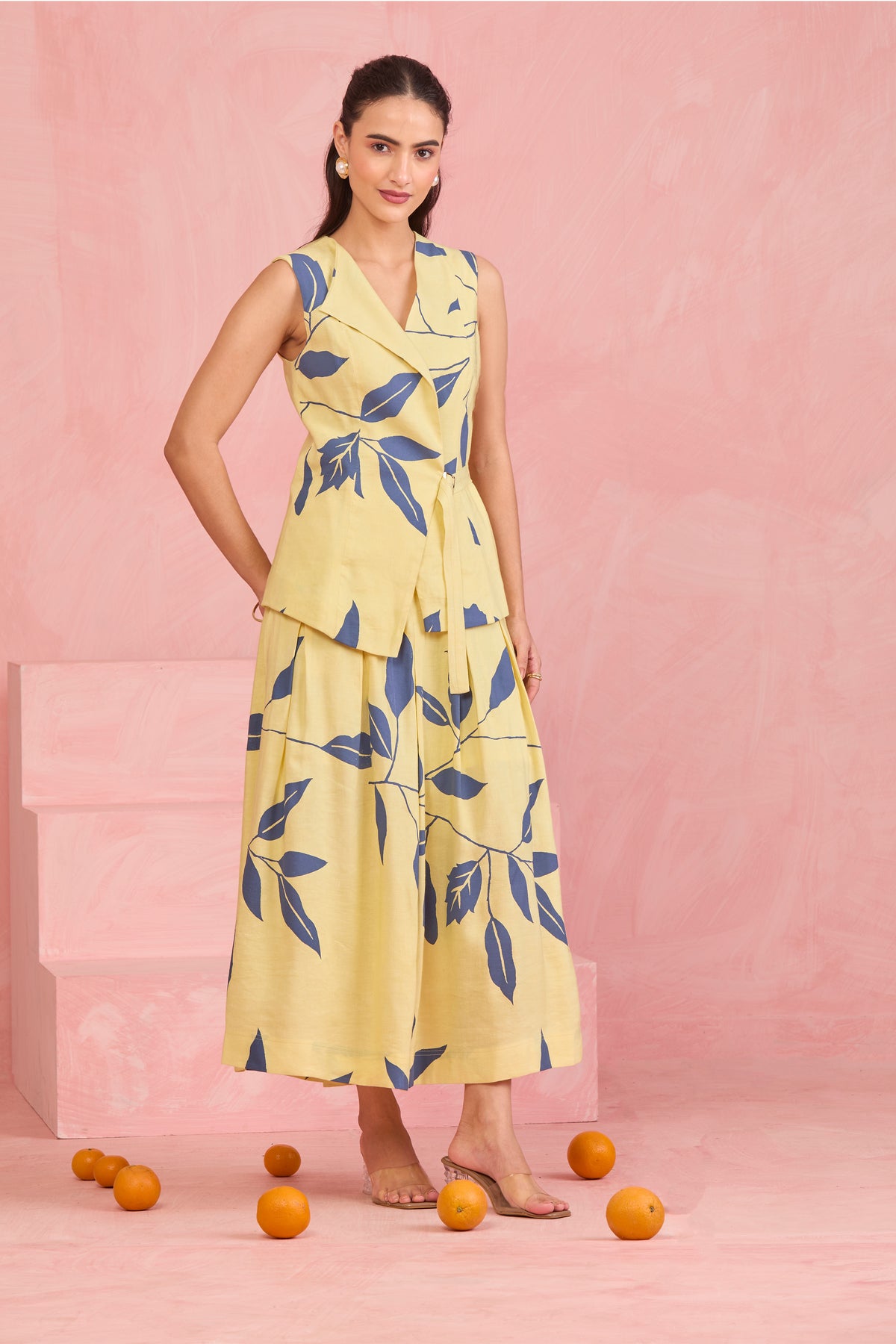 Butter Yellow Leaf Vest Co-Ord Set