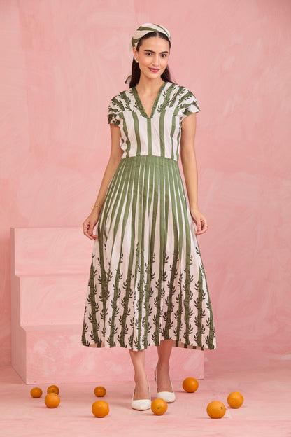 Olive Meadow Pleated Midi Dress