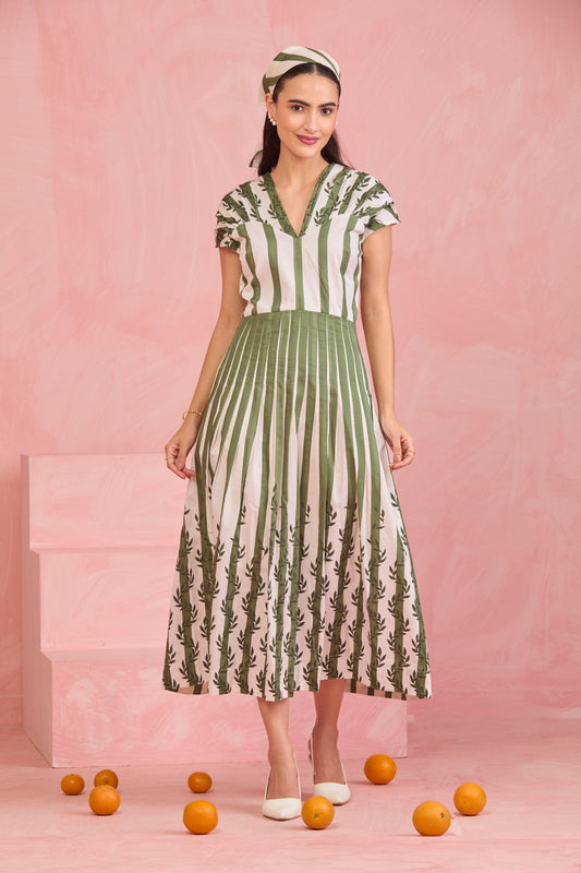 Olive Meadow Pleated Midi Dress
