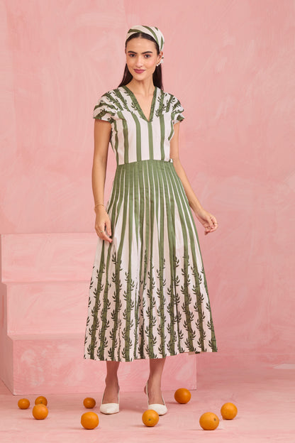 Olive Meadow Pleated Midi Dress
