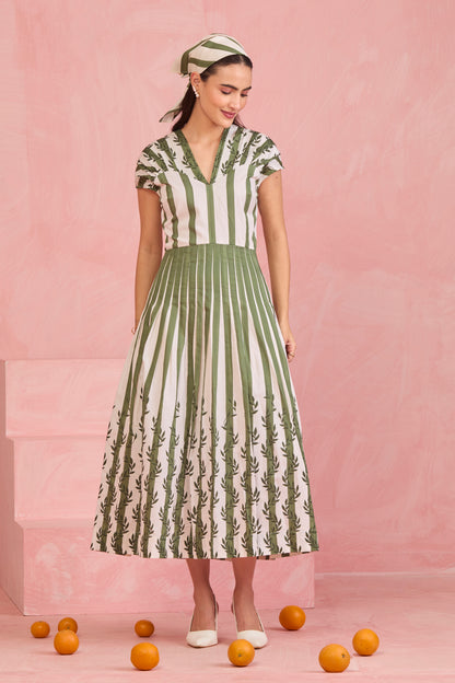 Olive Meadow Pleated Midi Dress