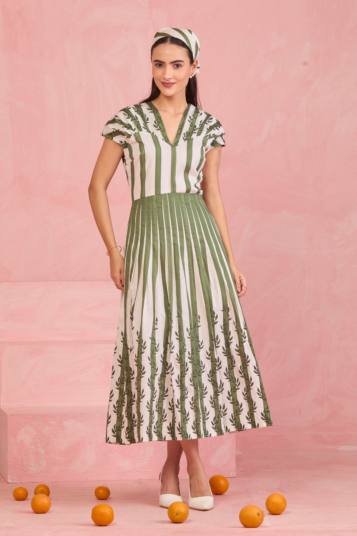 Olive Meadow Pleated Midi Dress