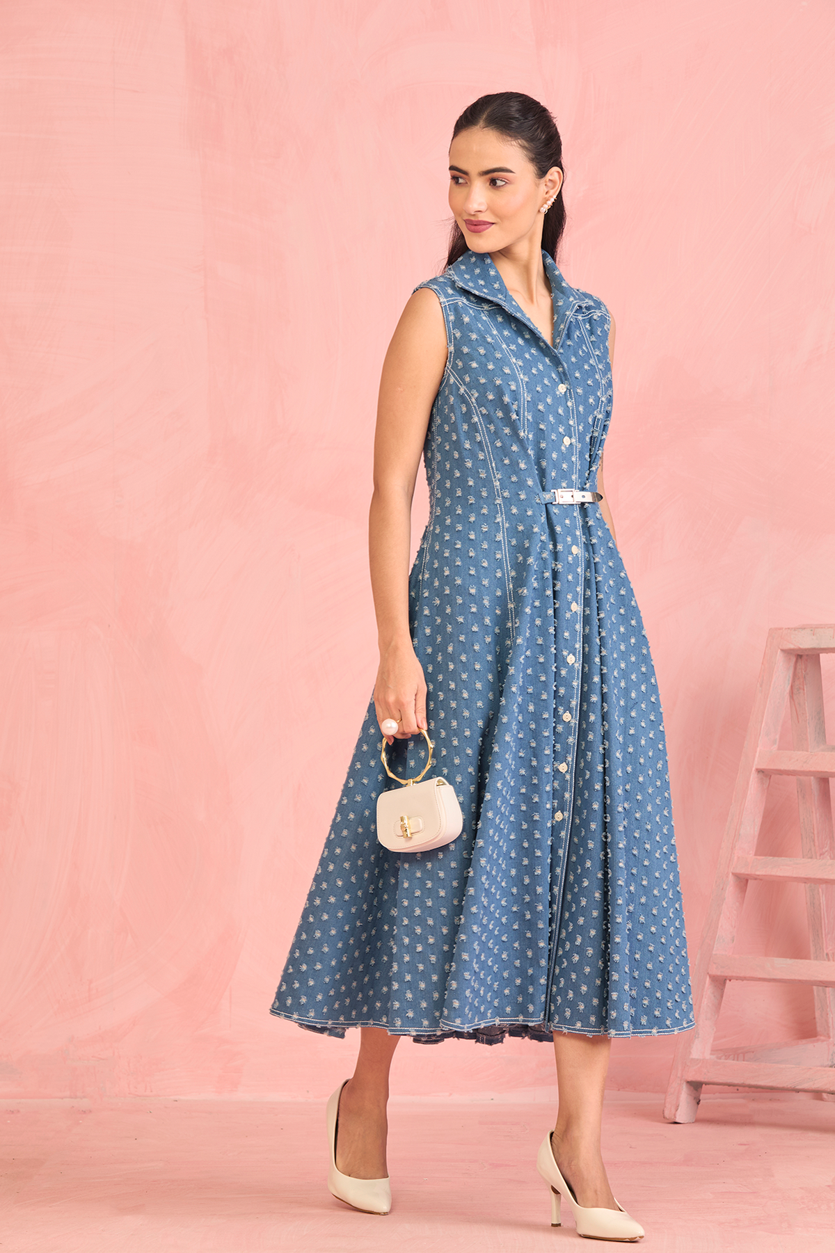 Powder Blue Textured Belted Midi Dress