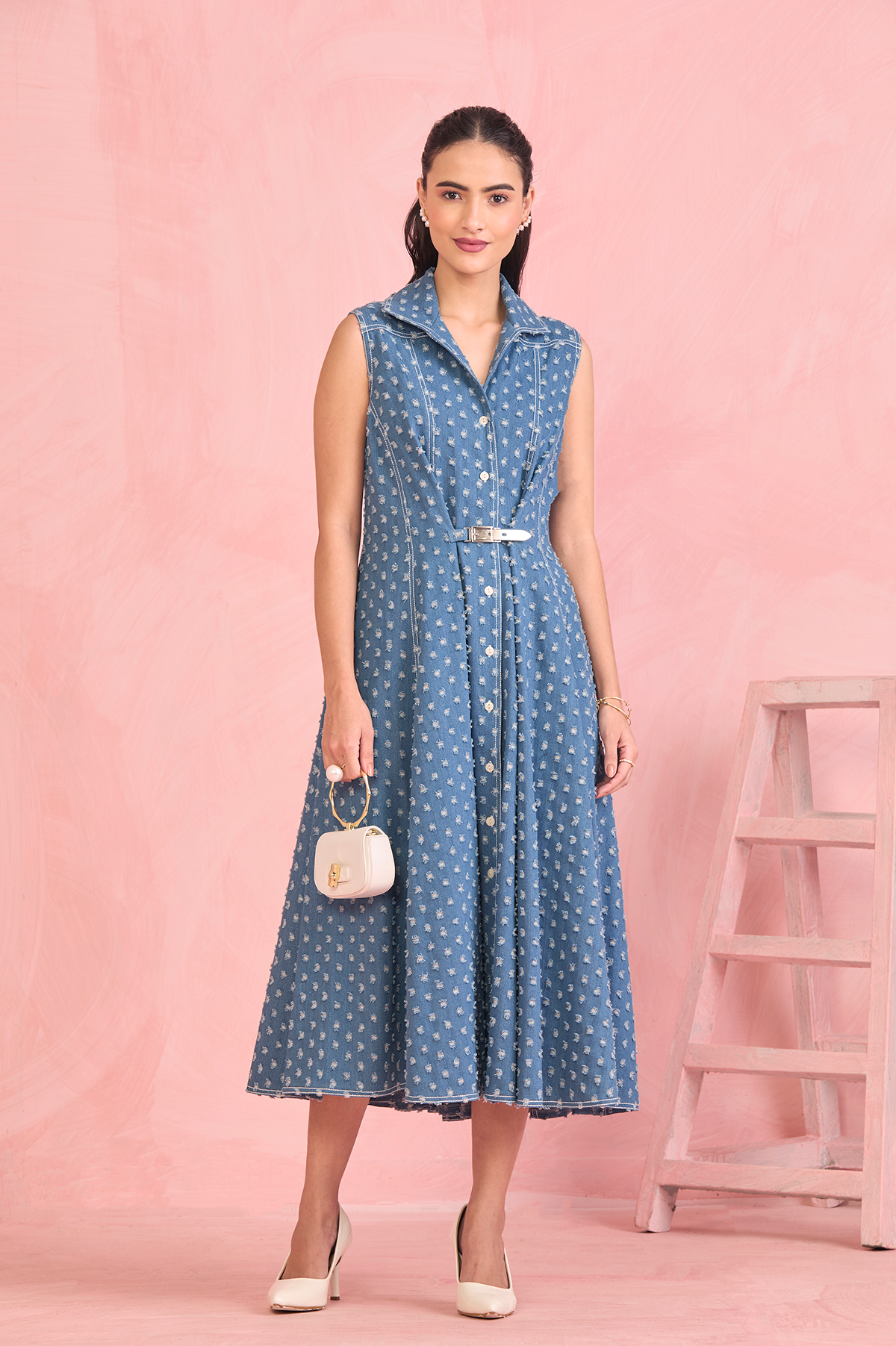 Powder Blue Textured Belted Midi Dress