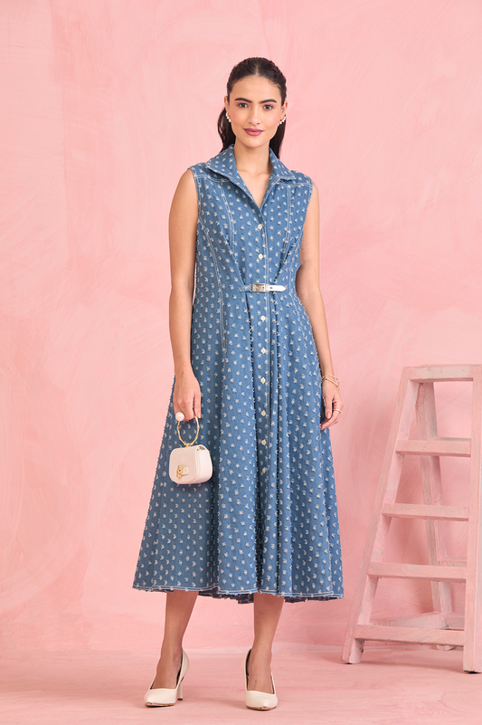 Powder Blue Textured Belted Midi Dress
