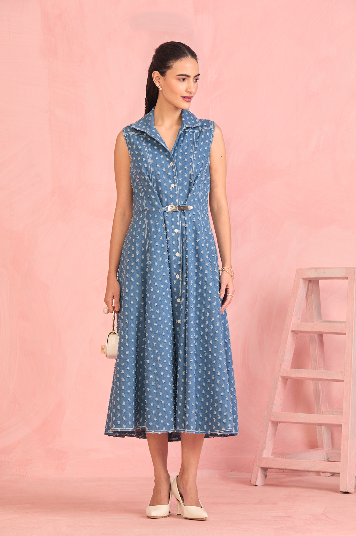 Powder Blue Textured Belted Midi Dress