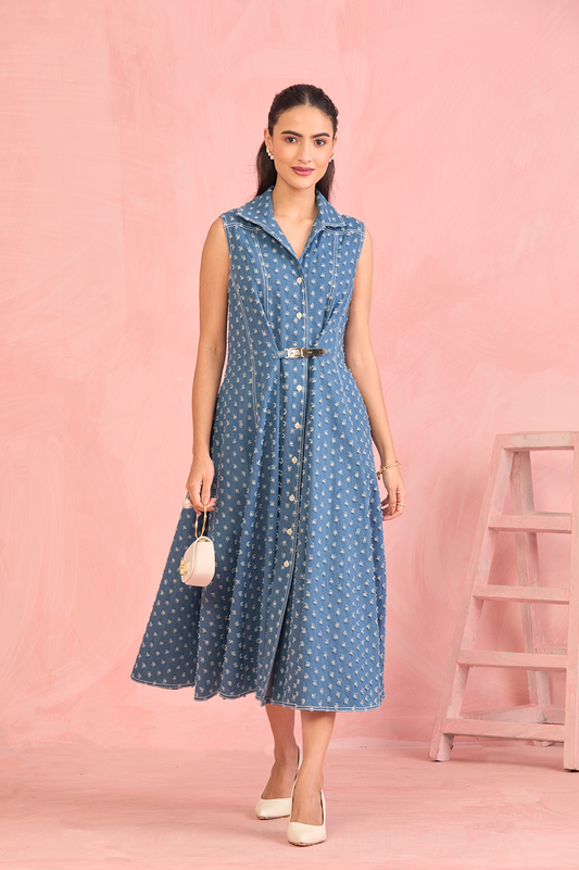 Powder Blue Textured Belted Midi Dress