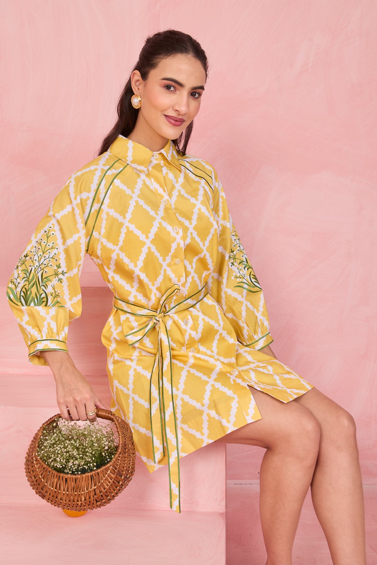 Sunlit Lattice Shirt Dress