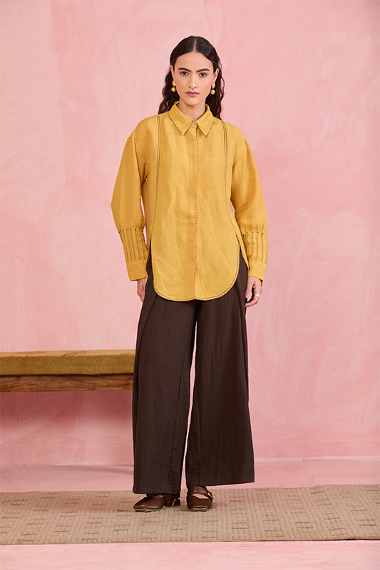 Mustard Linen Shirt with Contrast Stitch Detailing