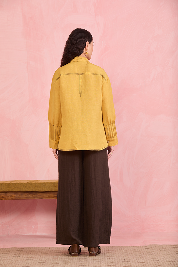 Mustard Linen Shirt with Contrast Stitch Detailing