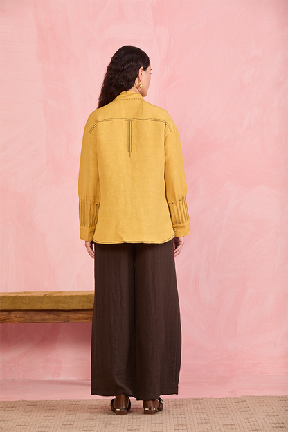 Mustard Linen Shirt with Contrast Stitch Detailing