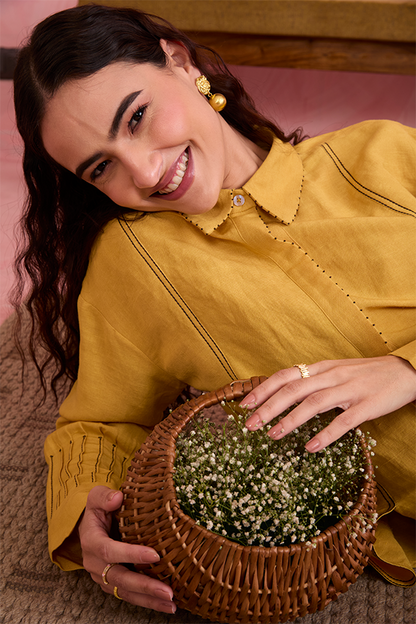 Mustard Linen Shirt with Contrast Stitch Detailing