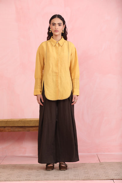 Mustard Linen Shirt with Contrast Stitch Detailing
