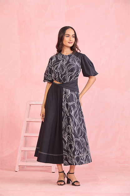 Monochrome Abstract Cut-Out Midi Dress
