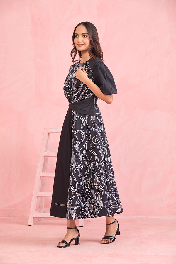 Monochrome Abstract Cut-Out Midi Dress