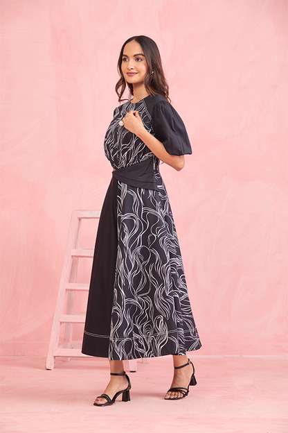 Monochrome Abstract Cut-Out Midi Dress