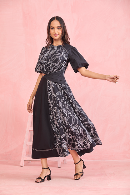 Monochrome Abstract Cut-Out Midi Dress