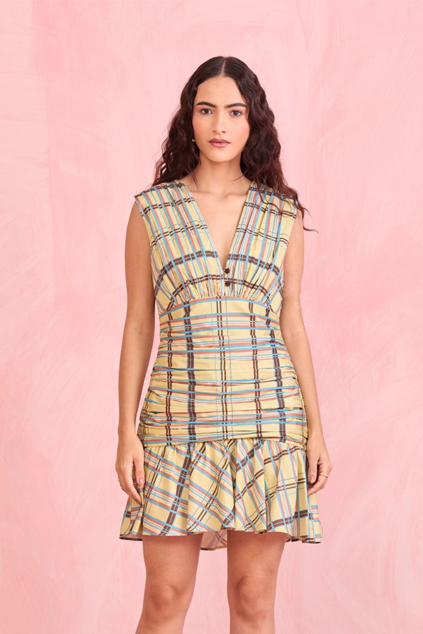 Pastel Plaid Ruched Mini Dress
